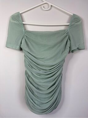 Ruched Sage Green Off-Shoulder Dress